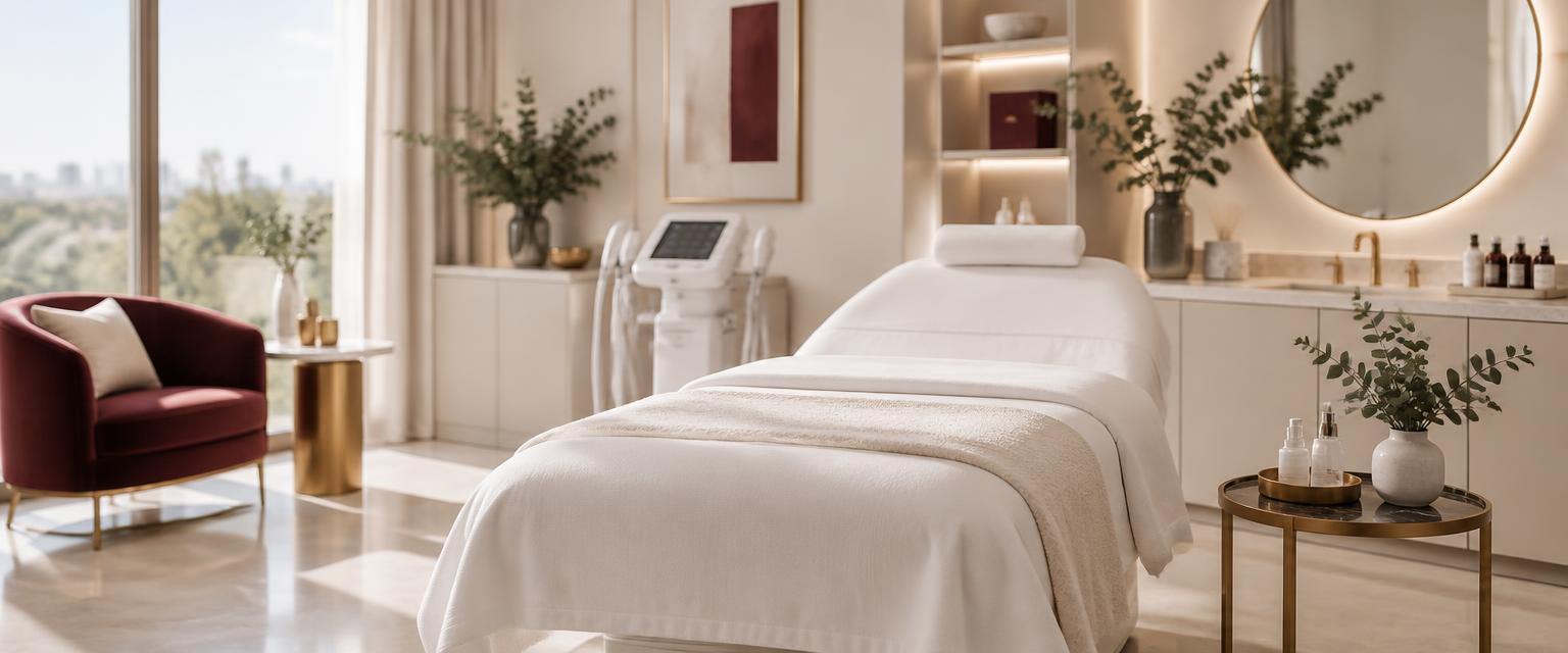 Calm, premium aesthetics treatment room at aekho — illustrative